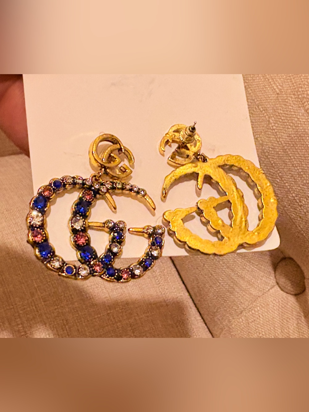 Gucci Gold Double G Hoop Earrings with Blue, Pink & Clear Crystals - Picture 4 of 4